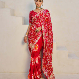 Dazzling Red Silk Bandhani Saree