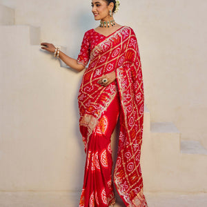 Dazzling Red Silk Bandhani Saree