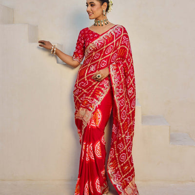 Dazzling Red Silk Bandhani Saree