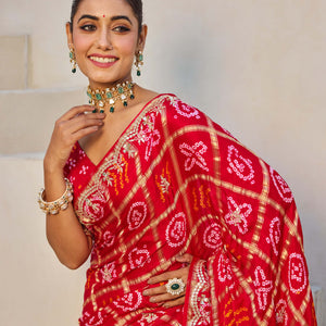 Dazzling Red Silk Bandhani Saree