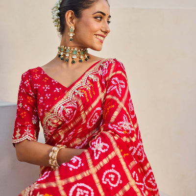 Dazzling Red Silk Bandhani Saree