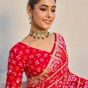 Dazzling Red Silk Bandhani Saree