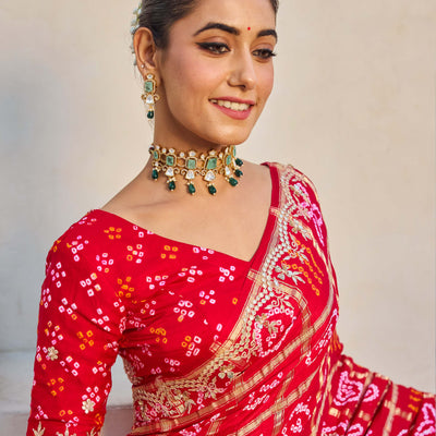 Dazzling Red Silk Bandhani Saree