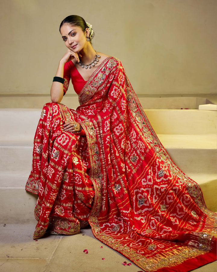 Divine Red Silk Bandhani Saree