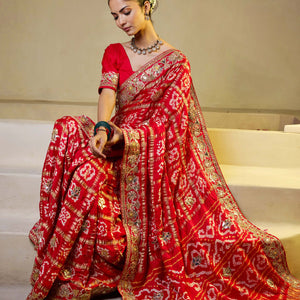 Divine Red Silk Bandhani Saree