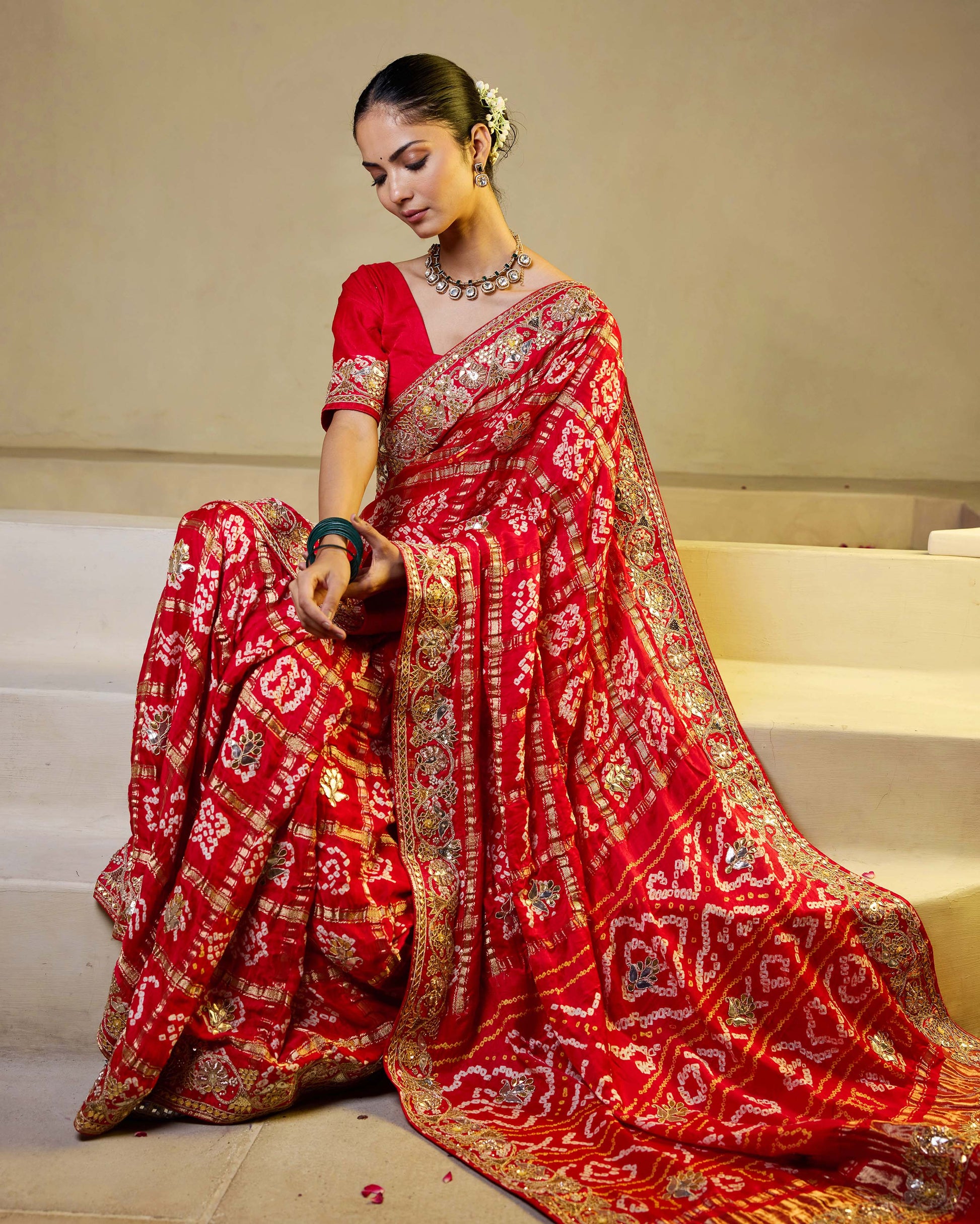 Divine Red Silk Bandhani Saree