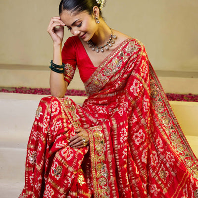 Divine Red Silk Bandhani Saree