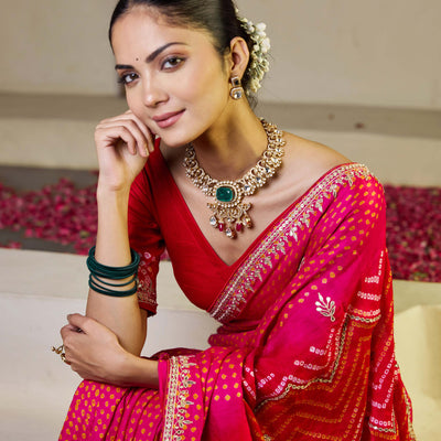 Whimisical Red-Pink Silk Bandhani Saree