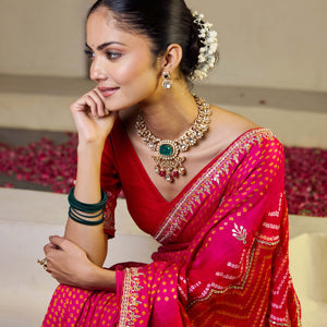 Whimisical Red-Pink Silk Bandhani Saree