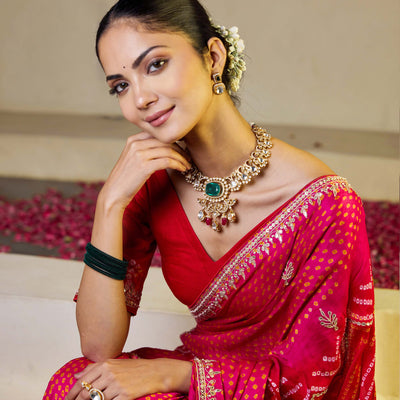 Whimisical Red-Pink Silk Bandhani Saree