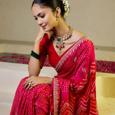 Whimisical Red-Pink Silk Bandhani Saree