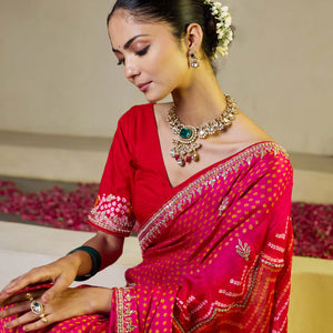 Whimisical Red-Pink Silk Bandhani Saree