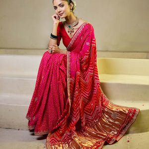 Whimisical Red-Pink Silk Bandhani Saree
