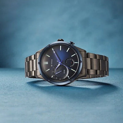Titan Stellar Multifunction Blue Dial Grey Stainless Steel Strap Watch For Men 42.2mm NS10009KM01