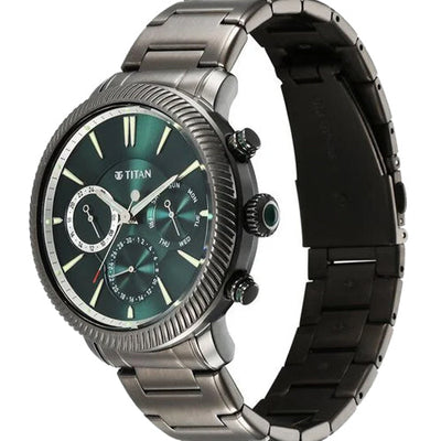 Titan Stellar Quartz Multifunction Green Dial Stainless Steel Strap Watch for Men 44mm NS10012QM01