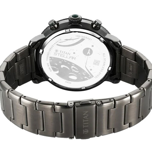 Titan Stellar Quartz Multifunction Green Dial Stainless Steel Strap Watch for Men 44mm NS10012QM01