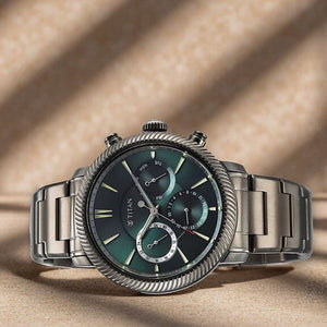 Titan Stellar Quartz Multifunction Green Dial Stainless Steel Strap Watch for Men 44mm NS10012QM01
