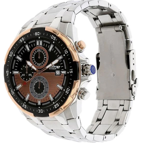 Titan Quartz Chronograph Black Dial Stainless Steel Strap Watch for Men 43mm NS90044KM04