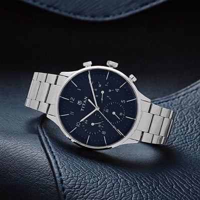 Titan Classique Quartz Multifunction Blue Dial Stainless Steel Strap Watch for Men 42mm NS90102SM01