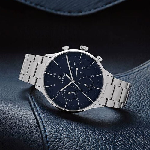 Titan Classique Quartz Multifunction Blue Dial Stainless Steel Strap Watch for Men 42mm NS90102SM01