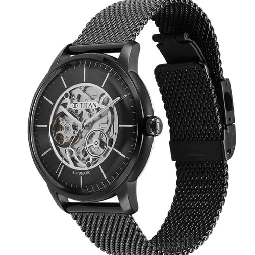 Titan Skeletal Automatic Black Dial Black Stainless Steel Strap Watch for Men 44mm NS90110NM01