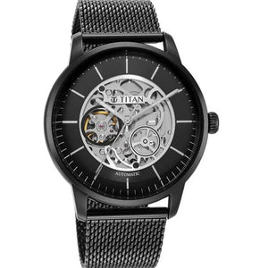 Titan Skeletal Automatic Black Dial Black Stainless Steel Strap Watch for Men 44mm NS90110NM01