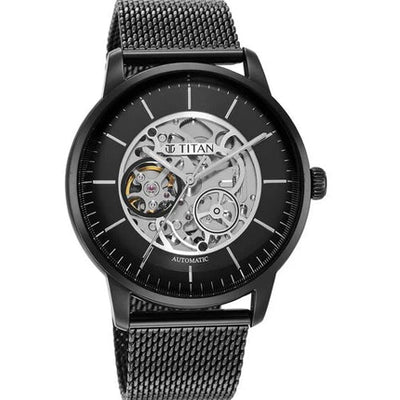 Titan Skeletal Automatic Black Dial Black Stainless Steel Strap Watch for Men 44mm NS90110NM01