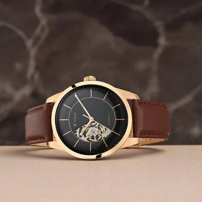 Titan Automatic Sectoral Black Dial Brown Leather Strap Watch for Men 43mm NS90126WL02