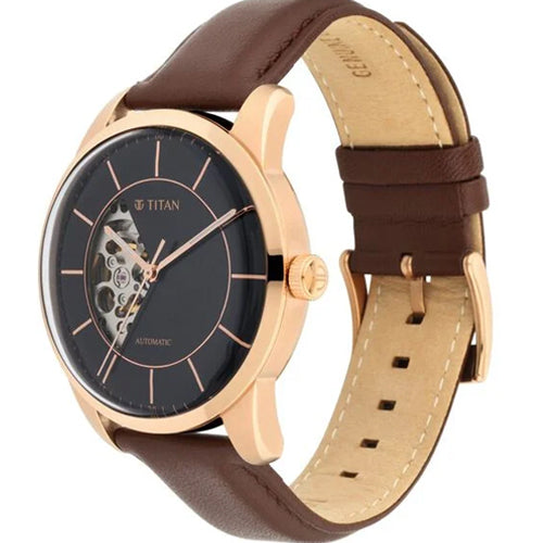 Titan Automatic Sectoral Black Dial Brown Leather Strap Watch for Men 43mm NS90126WL02