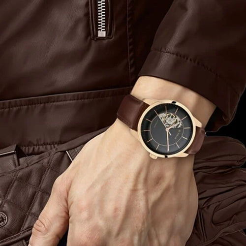 Titan Automatic Sectoral Black Dial Brown Leather Strap Watch for Men 43mm NS90126WL02