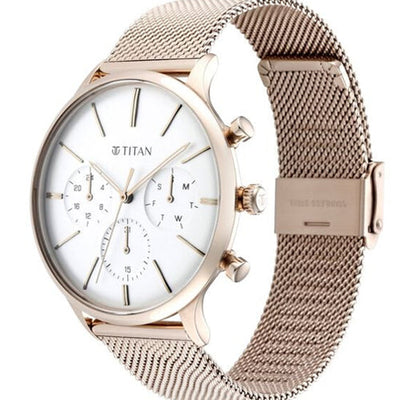 Titan Light Leathers Silver Dial Quartz Multifunction Stainless Steel Strap Watch for Men 42mm NS90134WM01