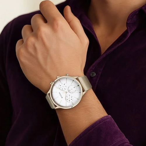 Titan Light Leathers Silver Dial Quartz Multifunction Stainless Steel Strap Watch for Men 42mm NS90134WM01