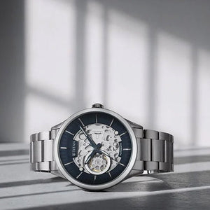 Titan Metal Mechanicals Blue Dial Silver Stainless Steel Strap Watch for Men 43mm NS90140SM01