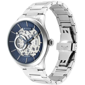 Titan Metal Mechanicals Blue Dial Silver Stainless Steel Strap Watch for Men 43mm NS90140SM01