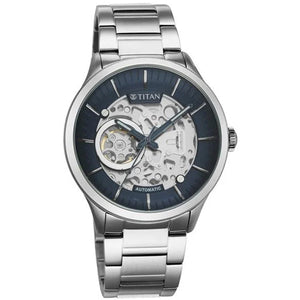 Titan Metal Mechanicals Blue Dial Silver Stainless Steel Strap Watch for Men 43mm NS90140SM01