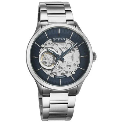 Titan Metal Mechanicals Blue Dial Silver Stainless Steel Strap Watch for Men 43mm NS90140SM01
