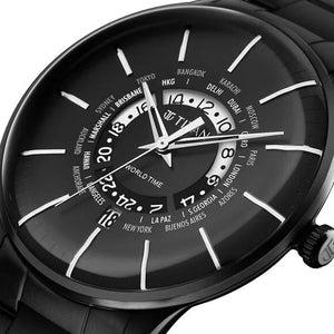 Titan Black Dial World Time with Date Stainless Steel Strap watch for Men 41mm NS90145NM01