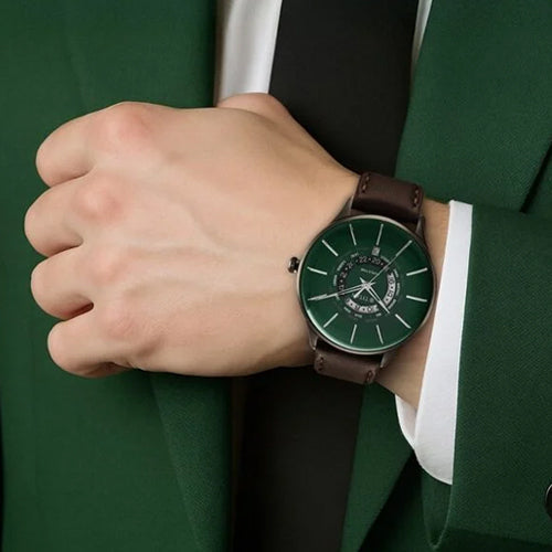 Titan Green Dial World Time with Date Leather Strap watch for Men 41mm NS90145QL01