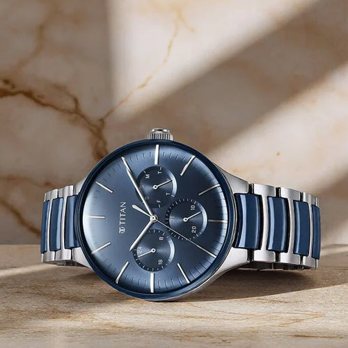 Titan Ceramic Fusion Quartz Multifunction Blue Dial Silver Dual-Toned Stainless Steel Bracelet Watch for Men 42mm NS90148KD02