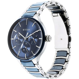 Titan Ceramic Fusion Quartz Multifunction Blue Dial Silver Dual-Toned Stainless Steel Bracelet Watch for Men 42mm NS90148KD02