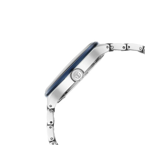 Titan Ceramic Fusion Quartz Multifunction Blue Dial Silver Dual-Toned Stainless Steel Bracelet Watch for Men 42mm NS90148KD02