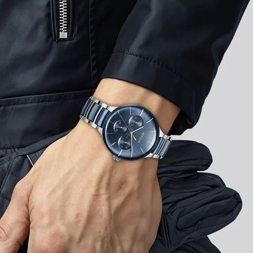 Titan Ceramic Fusion Quartz Multifunction Blue Dial Silver Dual-Toned Stainless Steel Bracelet Watch for Men 42mm NS90148KD02