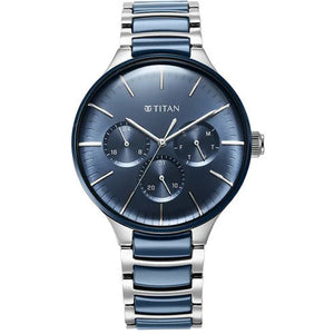 Titan Ceramic Fusion Quartz Multifunction Blue Dial Silver Dual-Toned Stainless Steel Bracelet Watch for Men 42mm NS90148KD02