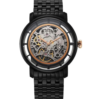 Titan Mechanical Slimline Black Dial Black Stainless Steel Strap watch for Men 42mm NS90158KM01