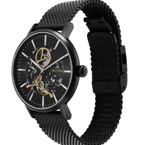 Titan Mechanical Slimline Black Dial Black Mesh Strap Watch for Men 42mm NS90159NM01