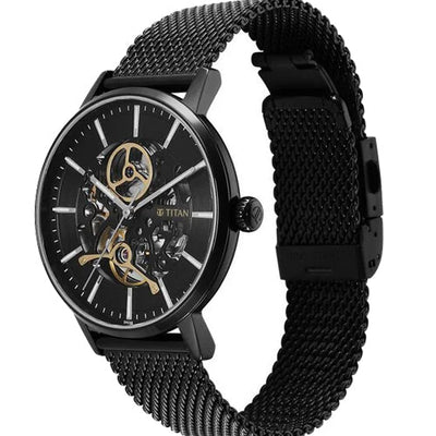 Titan Mechanical Slimline Black Dial Black Mesh Strap Watch for Men 42mm NS90159NM01