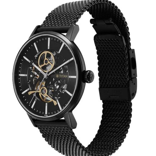 Titan Mechanical Slimline Black Dial Black Mesh Strap Watch for Men 42mm NS90159NM01