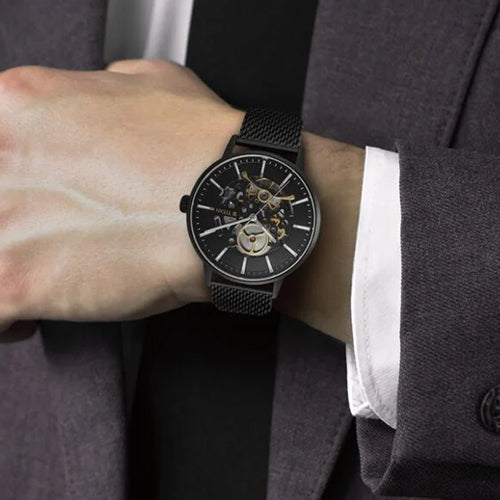 Titan Mechanical Slimline Black Dial Black Mesh Strap Watch for Men 42mm NS90159NM01