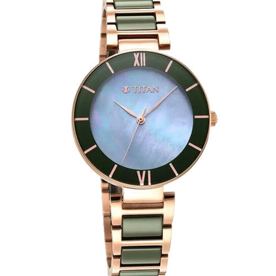 Titan Purple Ceramics Blue Dial Steel & Ceramic Strap Watch for Women 40.4mm NS95216KD01