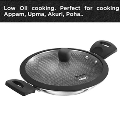 Hawkins Tri-Ply Stainless Steel with Shielded Nonstick 1.25 Litre Appachatty with Glass Lid | Black